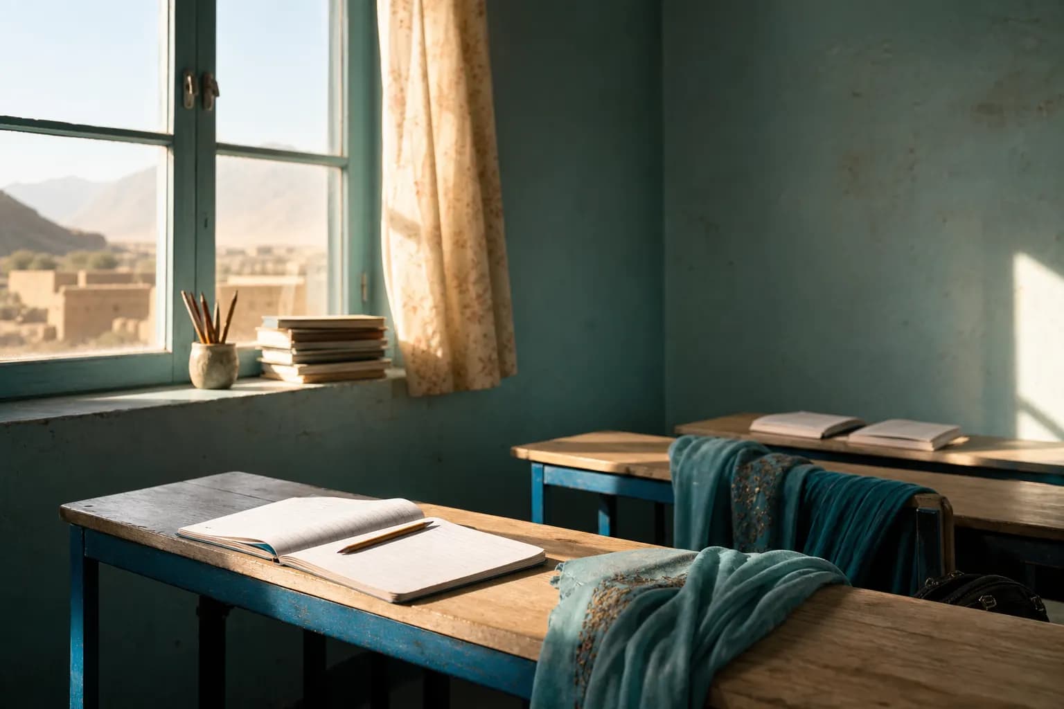 Quiet sunlit classroom with notebooks suggesting hope for Afghan girls schools - educational awareness on watanchat.com