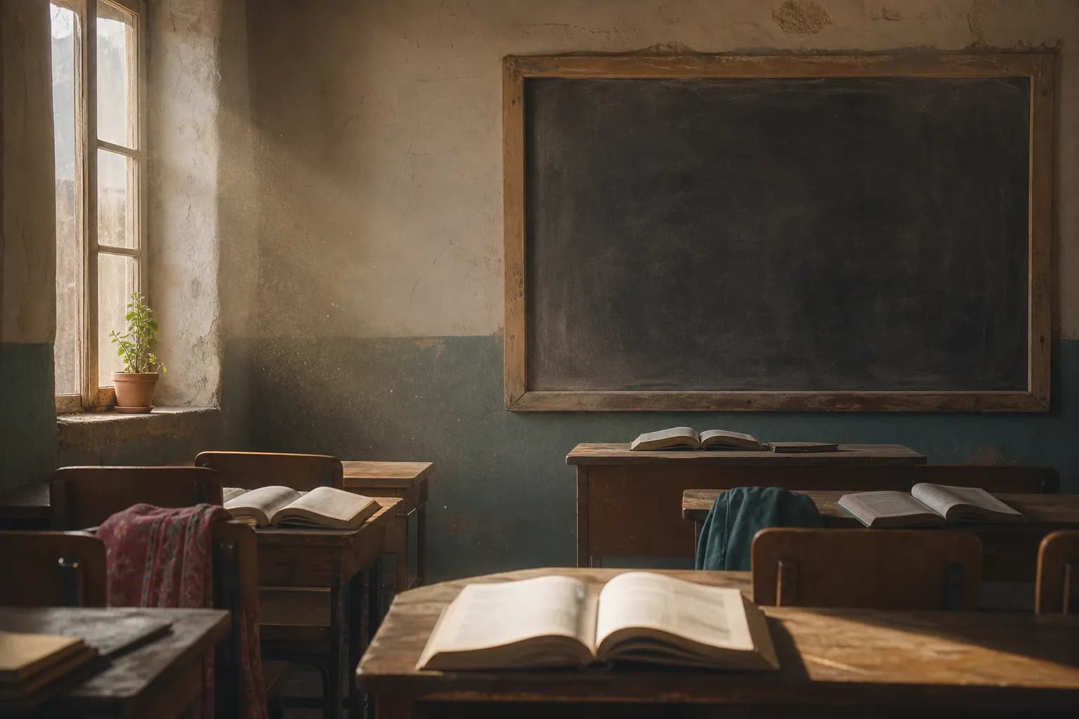 Open textbooks and empty classroom seats symbolizing girls education Afghanistan - awareness page on watanchat.com